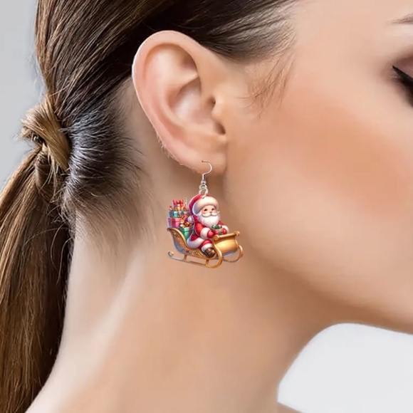 NEW Acrylic Santa Claus On Sleigh Dangle Earrings - Picture 5 of 9